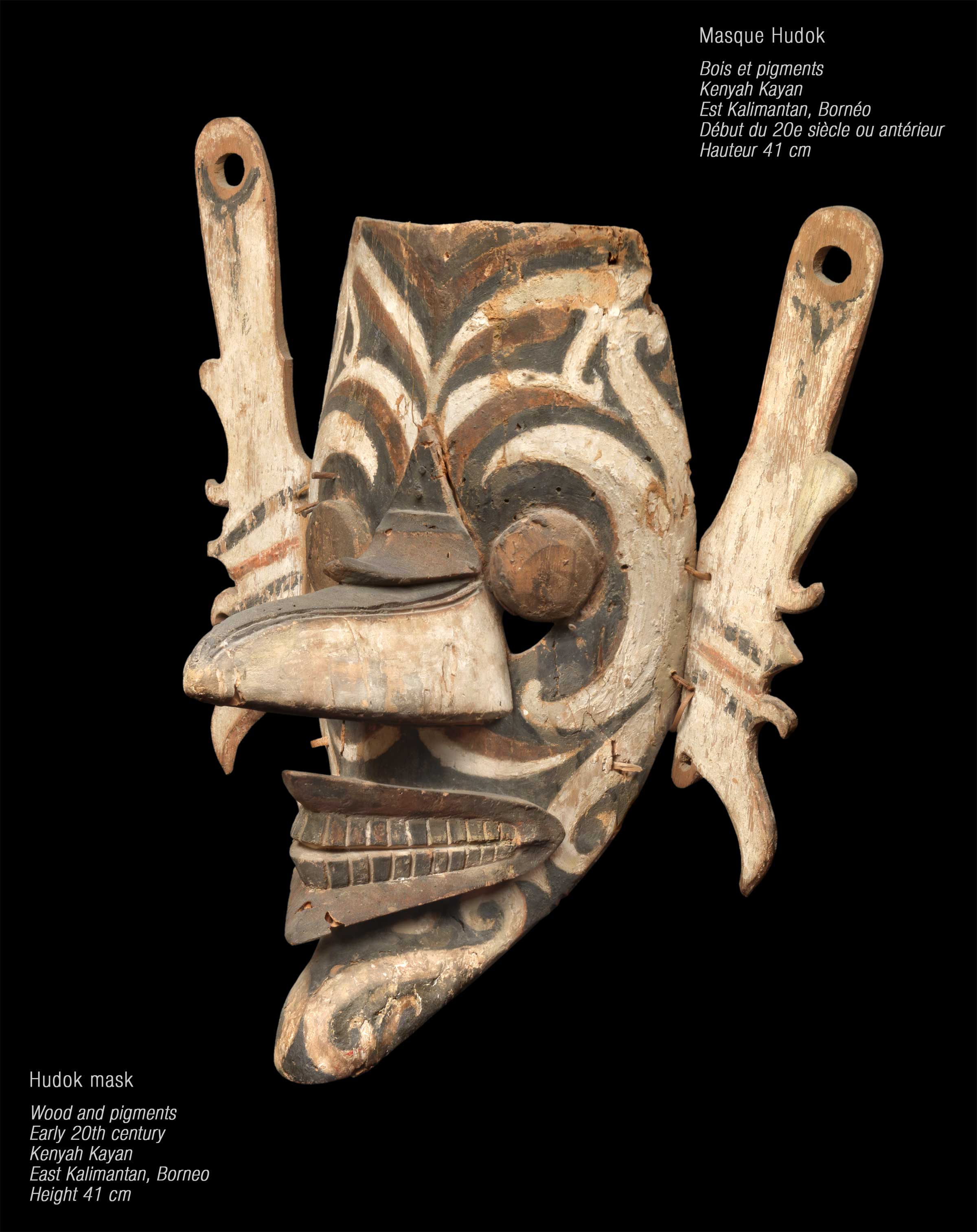 Masque Hudok - Bois et pigments - Kenyah Kayan - Est Kalimantan, Bornéo - Début du 20e siècle ou antérieur Masque Hudok - Bois et pigments - Kenyah Kayan - Est Kalimantan, Bornéo - Début du 20e siècle ou antérieur