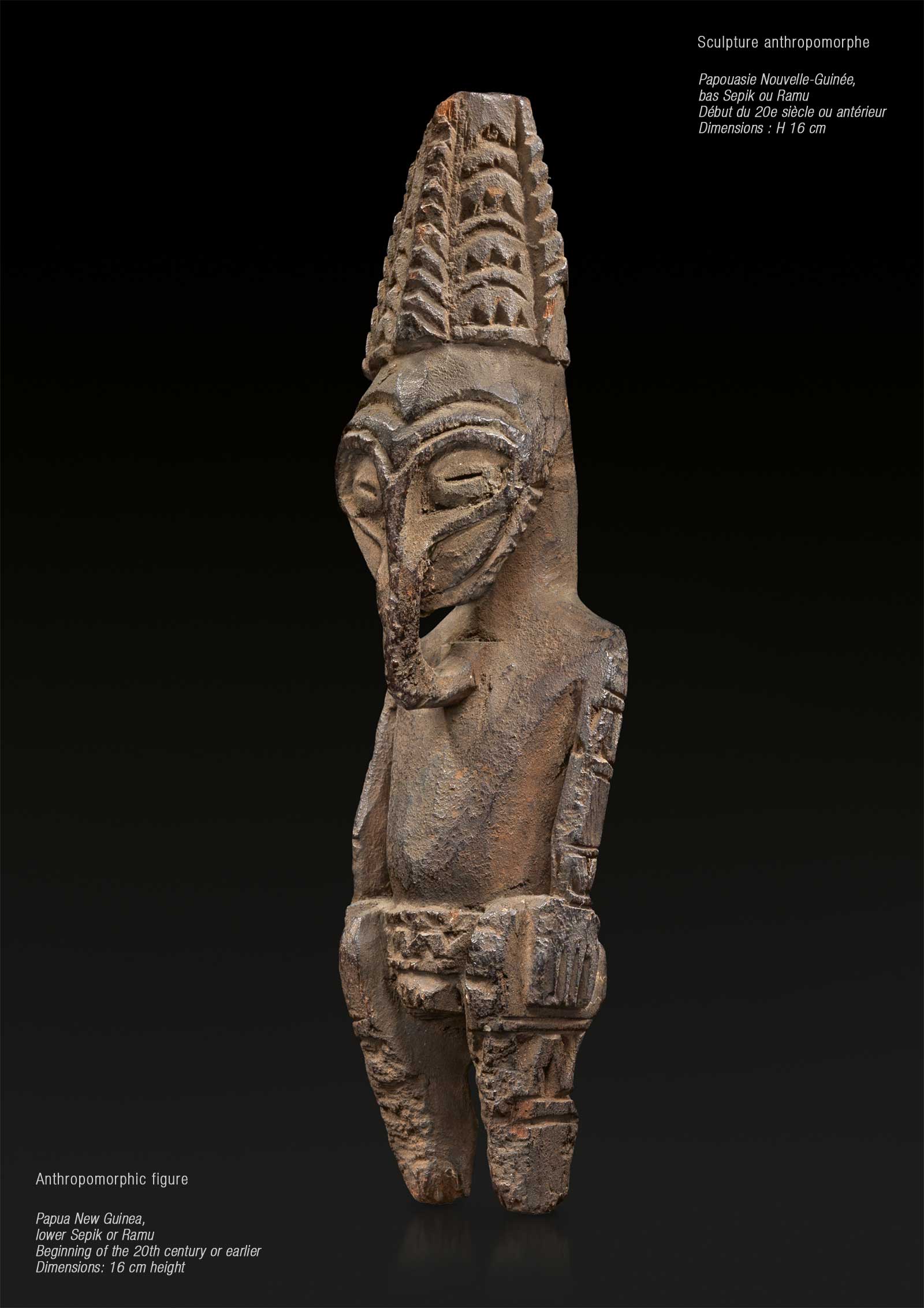 Sculpture anthropomorphe - Papouasie Nouvelle-Guinée - bas Sepik ou Ramu - Début du 20e siècle ou antérieur - Dimensions : H 16 cm Sculpture anthropomorphe - Papouasie Nouvelle-Guinée - bas Sepik ou Ramu - Début du 20e siècle ou antérieur - Dimensions : H 16 cm