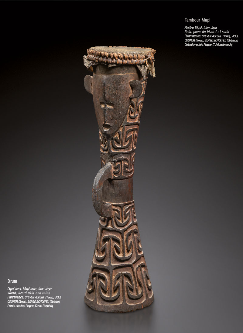 Tambour Mapi - Rivière Digul, Irlan Jaya - Bois, peau de lézard et rotin Tambour Mapi - Rivière Digul, Irlan Jaya - Bois, peau de lézard et rotin